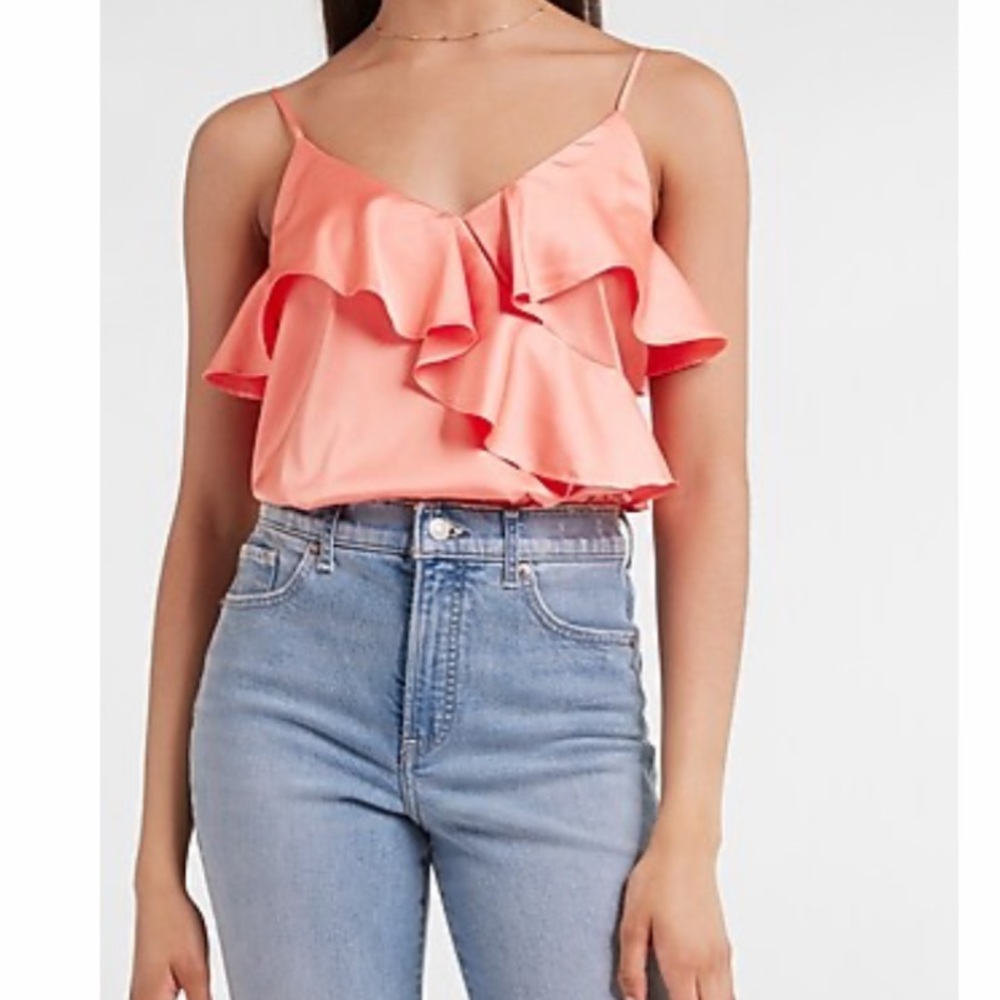 Express Coral Pink Ruffle Satin Cami Bodysuit